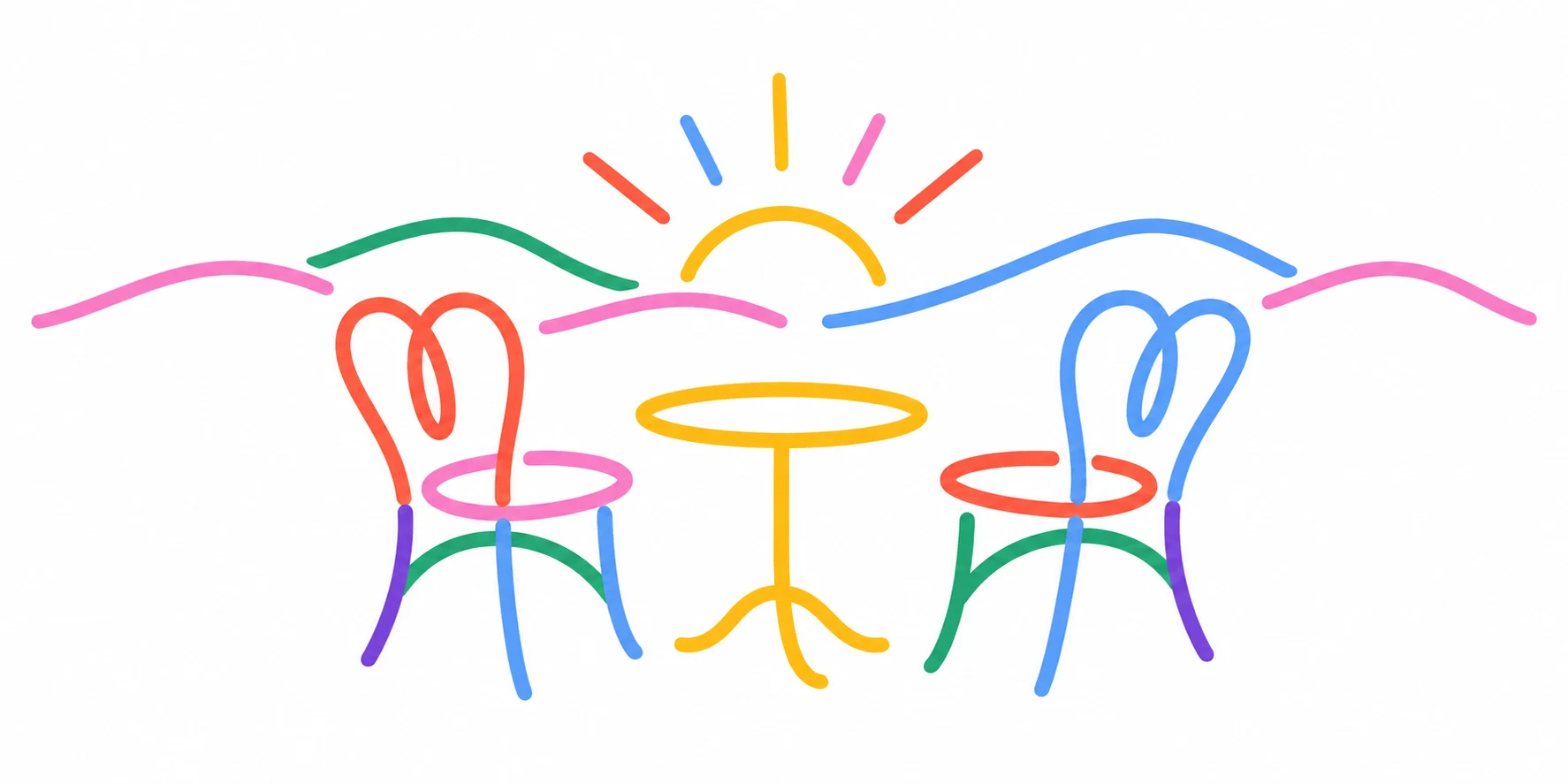 Colourful pen drawing of two cafe chairs and a table beneath a rising sun on a white background.