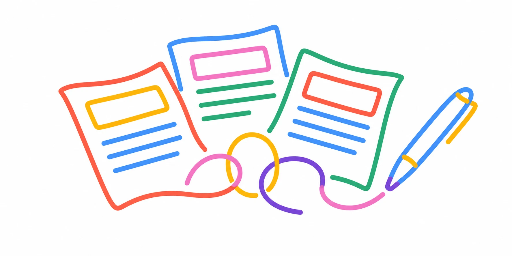 Colourful pen drawing of three newspaper pages and a pen with connected loops on a white background.