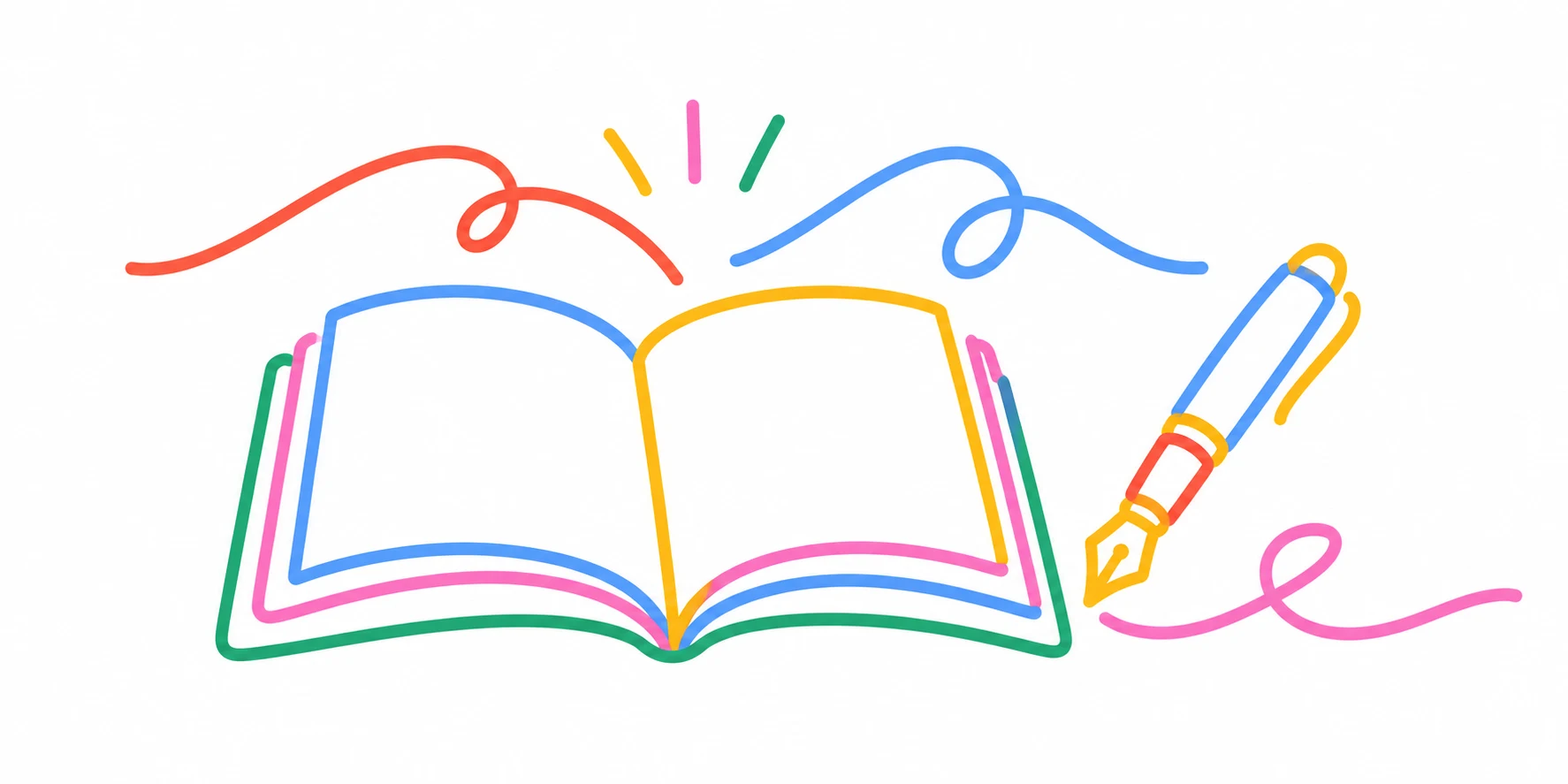 Colourful pen drawing of an open journal and fountain pen on a white background.