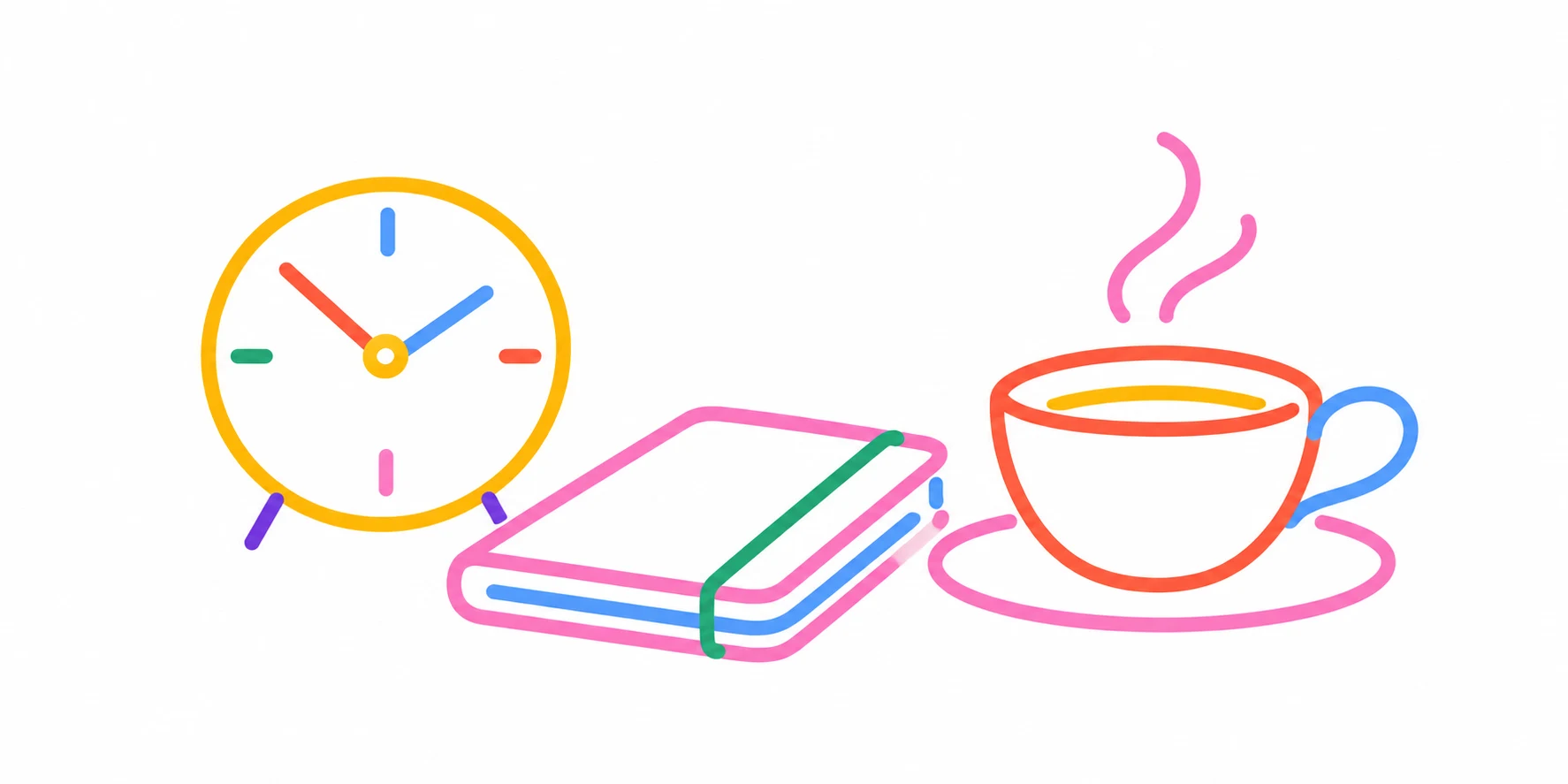 Colourful pen drawing of a clock, notebook and cup of tea on a white background.